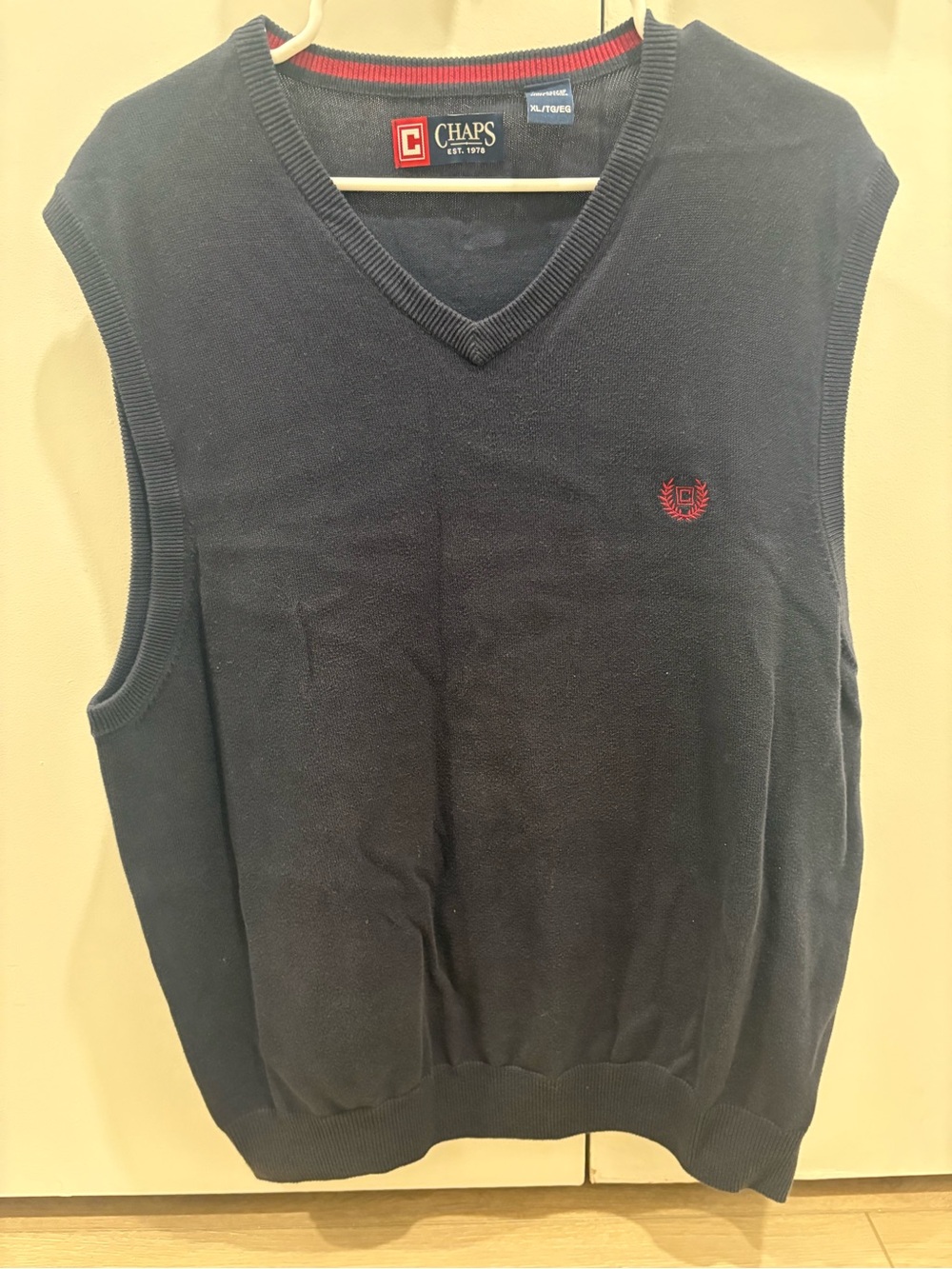 Chaps Navy V-Neck Sweater Vest with Embroidered Red Logo